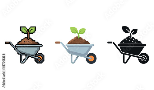 Pixel, flat, and glyph styles of wheelbarrows with plants