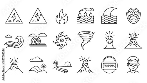 Collection of natural disaster icons, including volcanoes and storms, in a simple line art style