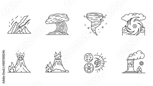 Disaster icons collection illustrating various natural calamities and catastrophic events in a simple line art style from a straightforward viewpoint