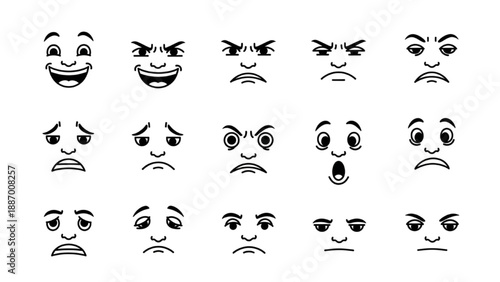 Collection of various emotive face illustrations showcasing different emotional expressions in a grid layout