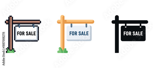 Three styles of for sale signs on white background