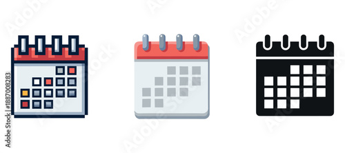 Three simple calendar icons in diverse styles on white background