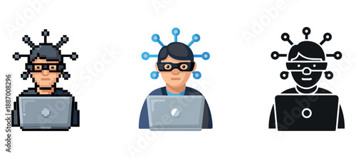 Hacker icons: male with laptop and mask in digital style variations