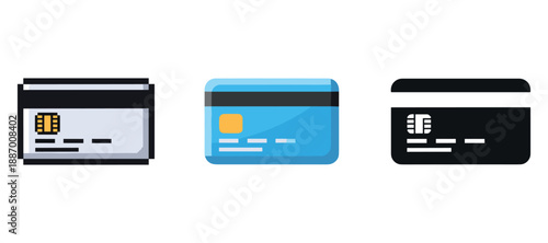 Credit card icons set: chip, magnetic stripe, contactless payment designs