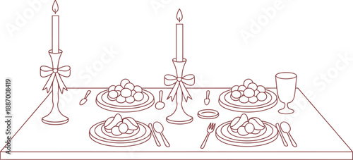 Elegant Dining Table Setting with Candles and Plates of Food, Hand-Drawn Style