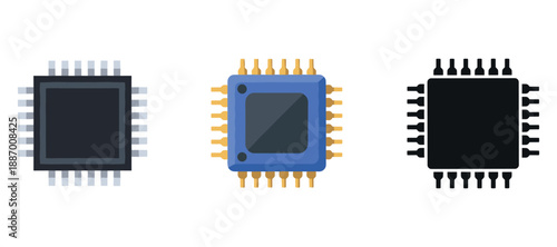 Three colorful microchips on white background: black, blue, and black designs