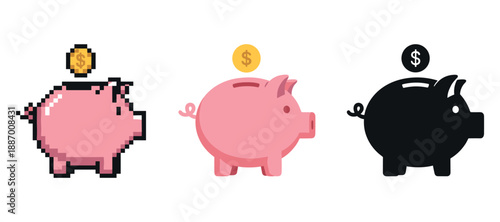 Pixelated, cartoon, and silhouette piggy banks with coins