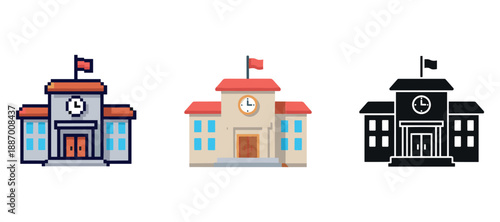 Three school building icons with clocks and flags in different styles