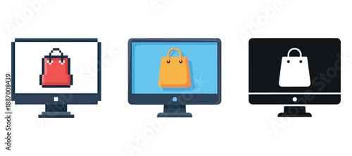 Digital shopping icons on computer screens displaying colorful bags