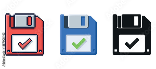 Retro floppy disk icons with checkmarks in red, blue, and black
