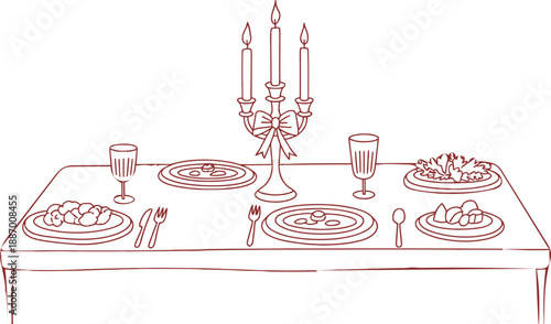Elegant Hand-Drawn Illustration of a Formal Dinner Setting with Candelabra, Plates, and Glasses on a Festively Arranged Table, Evoking a Special Occasion or Celebration