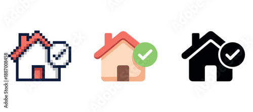 Pixelated, flat, and silhouette house icons with checkmarks