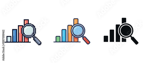 Colorful and monochrome bar chart icons with magnifying glass