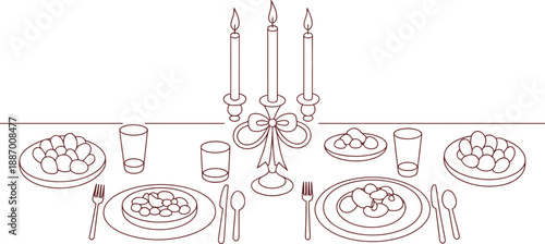 Elegant Hand-Drawn Line Art Outline Illustration of a Dinner Table Set with Formal Place Settings, a Lit Candelabra, and Prepared Meals, Ideal for Celebratory Occasions