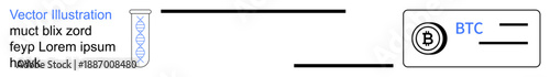 Blockchain technology, biotechnology, cryptocurrency transactions, digital finance, scientific innovation, genetic data. A DNA test tube linked to a Bitcoin wallet. Blockchain and biotechnology