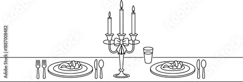 Elegant hand-drawn illustration of a romantic dinner table setting for two, showcasing a classic candelabra centerpiece, complete place settings, and prepared meal, ideal for various design projects