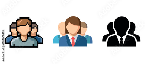 Abstract illustrations of people in various styles: pixelated, vector, silhouette