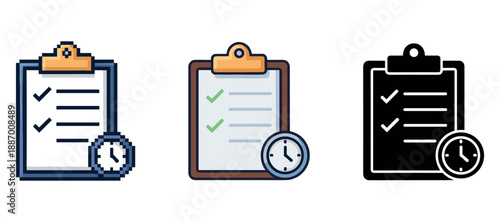 Three checklist icons with clocks in pixel, color, and silhouette styles