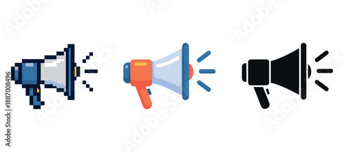 Megaphone icons: pixel, flat, silhouette styles