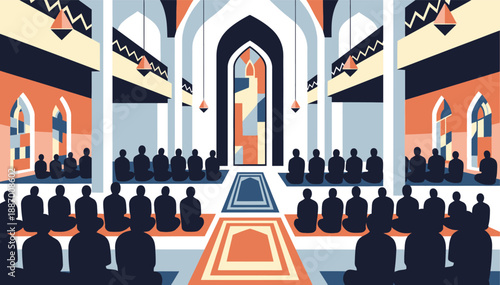 Flat design illustration of people praying in a mosque with warm and cool color palette
