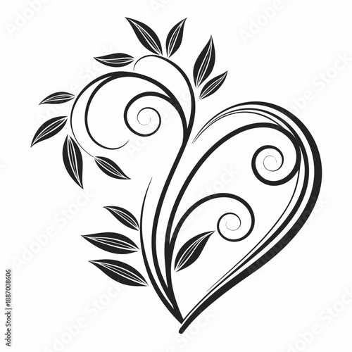 An ornate black and white floral design element featuring a nature-inspired vector silhouette with elegant swirls, leaf patterns, and decorative branch curves for a tattoo or scroll ornament illustrat