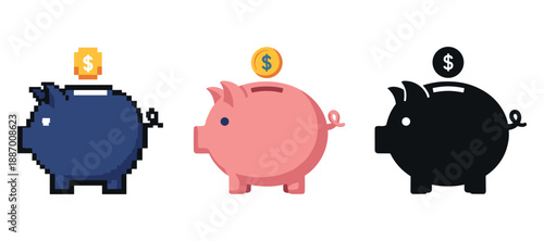 Pixel, pink, and silhouette piggy banks with dollar coins