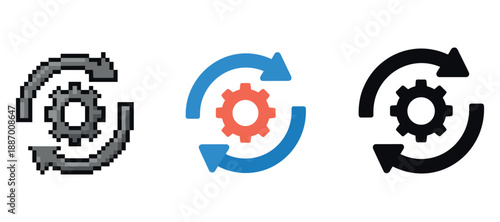 Pixelated to modern: evolution of gear and arrows icon representing update cycle