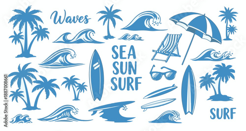 Illustrations of waves, palm trees, and surfing elements Vector
