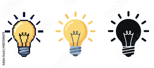 Pixelated, flat, and silhouette light bulb icons showcasing creative design styles