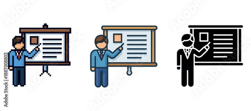 Male presenter giving presentation on flipchart in three different styles