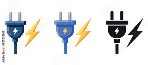 Colorful electrical plugs and lightning bolt icons on white background