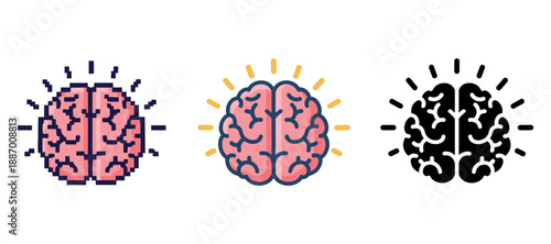 Pixelated and outlined brain icons illustrating creative and analytical thinking