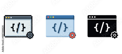 Set of browser window icon variations with code brackets and gear symbol