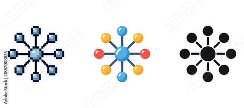 Three network connection icons in pixel, colorful, and monochrome styles
