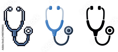 Pixelated, blue, and silhouette stethoscope icons on white background
