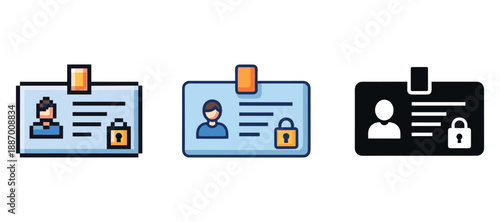 Set of id card icons with security lock symbols and avatar silhouettes