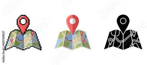Flat, pixel, and silhouette maps with location pins on white background