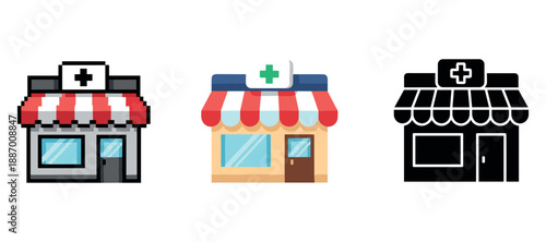 Set of three pharmacy icons with pixel, flat, and silhouette styles