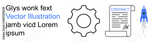 Business management, contract signing, startup planning, innovation, productivity, technology. Gear, document and rocket . Business management and contract signing concept