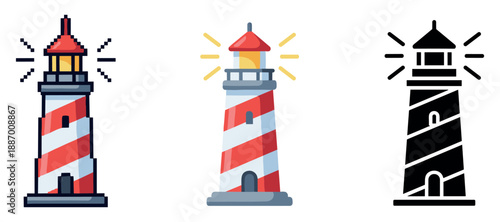 Colorful and minimalist lighthouse icons with red and white stripes