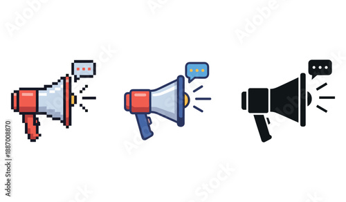 Set of three colorful megaphone icons with speech bubbles