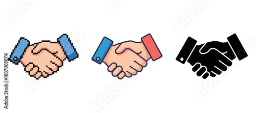 Pixel, flat, and silhouette handshake icons in different styles