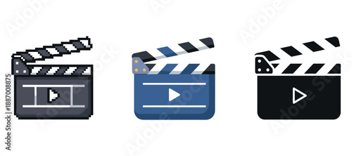 Set of film clapperboard icons in different styles