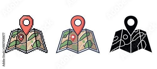 Set of three map icons with location pin: pixelated, flat, silhouette versions