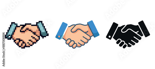 Diverse handshake icons: pixelated, vector, silhouette designs