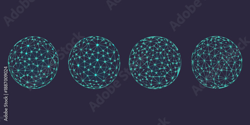 four glowing blue wireframe spheres on a dark background