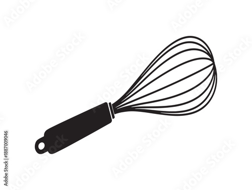 Simple black and white illustration of a metal balloon whisk for baking and cooking applications