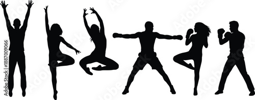 Black silhouettes of men and women in various boxing and athletic poses including jumping and kickboxing for fitness and sports