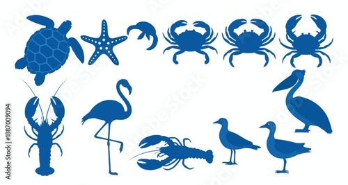 A collection of coastal marine and bird silhouettes Vector