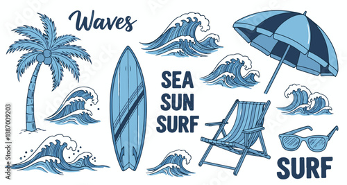 Vibrant beach scene with surfing elements Vector